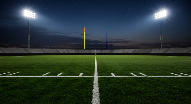 An empty American football field at night under bright stadium lights. A dramatic scene of sport, competition, and anticipation.
