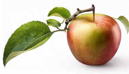 somewhat ripe apple on a branch with leaves isolated on white background