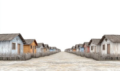Naklejka premium Row of Weathered Wooden Houses on Sandy Ground
