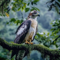 A hawk perched on a mossy branch in a lush forest