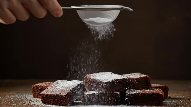 Sprinkling of Sweetness: Hand sifting powdered sugar over freshly baked brownies, creating a visually enticing and evocative moment in the realm of culinary delight.