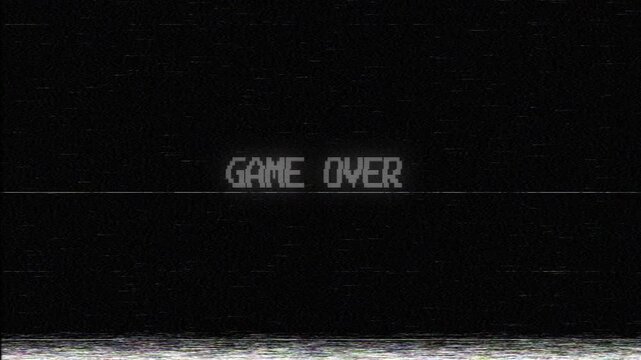 Black screen with the words game over in white. Suitable for video games, mobile apps, technology presentations, and digital designs. 4K Video
