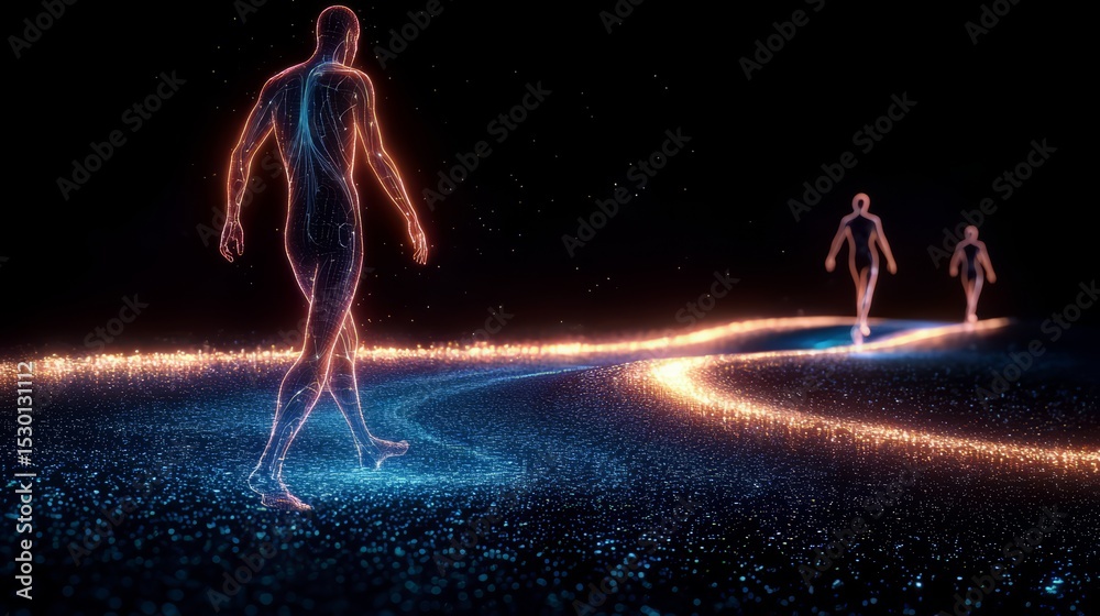 Poster Man is walking down a path with two other people behind him. The scene is set in a dark environment with a blue and orange color scheme. Scene is mysterious and intriguing