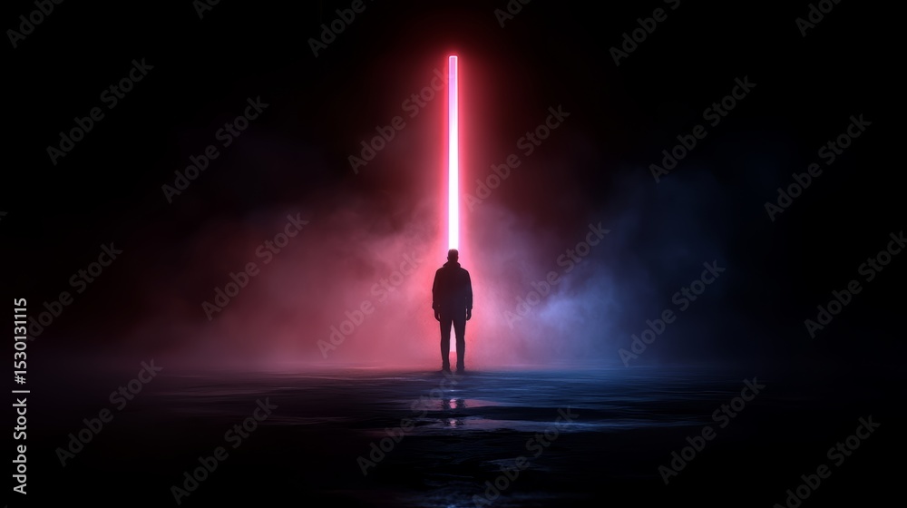 Poster Man stands in front of a glowing red light. The image has a futuristic and mysterious vibe, with the man appearing to be in a strange and otherworldly environment