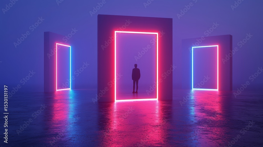 Poster Man stands in front of three neon colored doors. The doors are lit up in red and blue, creating a futuristic and otherworldly atmosphere. The man is looking through the doors