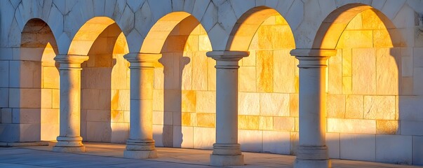 A series of arches and pillars illuminated by sunlight.