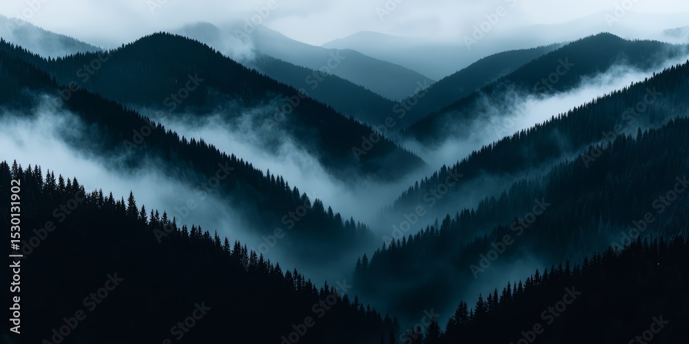 Poster mountain range covered in fog, with trees lining the slopes. the misty atmosphere gives the scene a 
