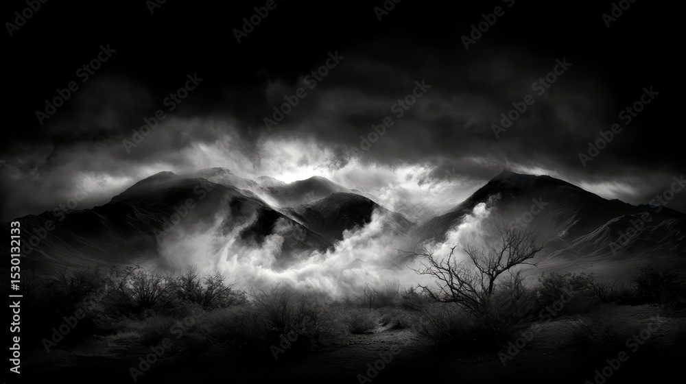 Poster Mountain range is shown in the distance with a tree in the foreground. The sky is cloudy and the mountains are shrouded in mist. Scene is mysterious and serene