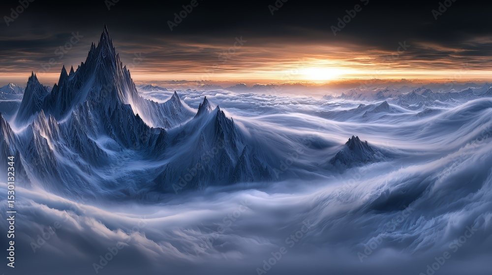 Poster Mountain range with a large mountain in the foreground and a large mountain in the background. The sky is orange and the sun is setting