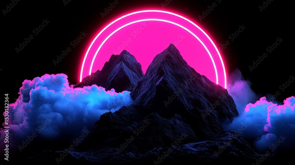 Poster mountain range with a pink and blue glowing sun in the background. the sky is filled with clouds and