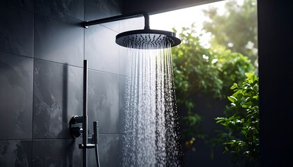 Outdoor shower with water and lush foliage.