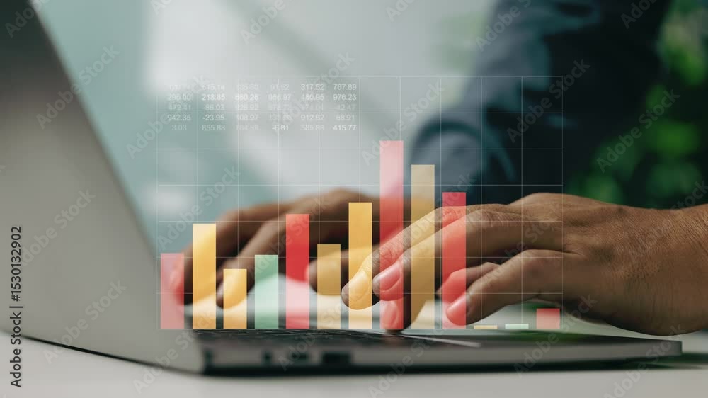 Poster Close-up of hands working on laptop with stacked bar chart data overlay in business workspace.