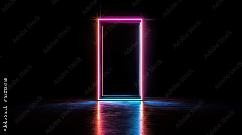 Poster neon door with a red, blue and green light. the door is lit up and is the only thing in the image