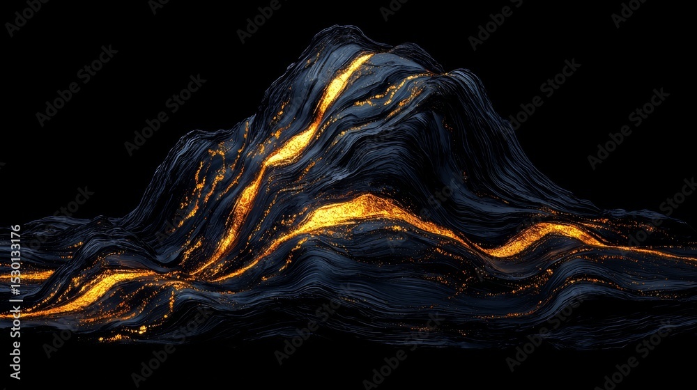 Poster mountain with a lava flow on it. the lava is orange and the mountain is black. the image has a dark 