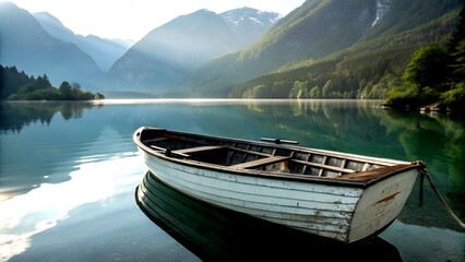 "Wooden Rowboat Floating on Tranquil Mountain Lake"