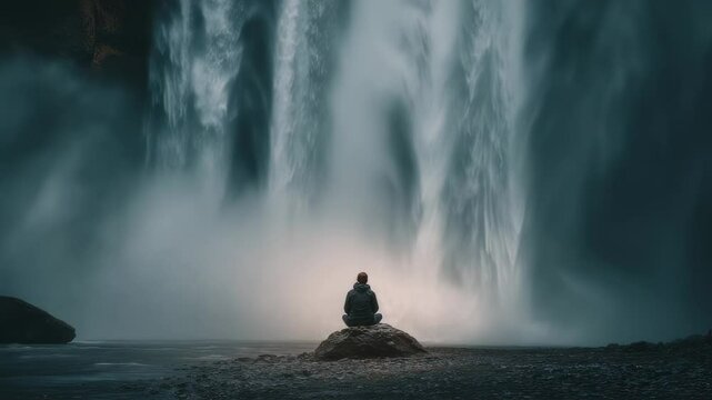 Concept photo of a person sitting in lotus pose at the foot of a majestic waterfall, with the roaring water creating a soothing background noise for their contemplation.
