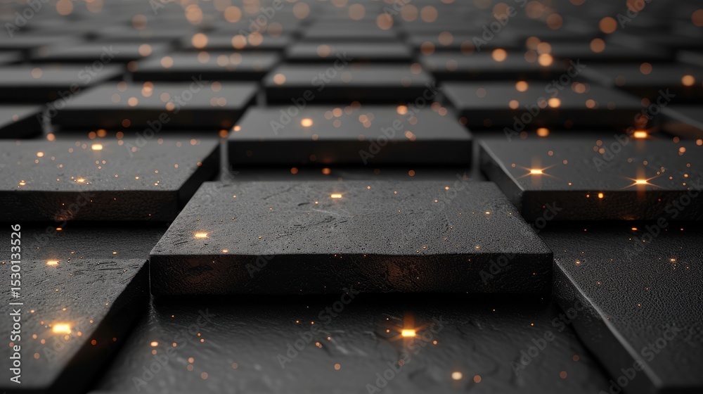 Poster layered squares and rectangles create a stunning display against a textured black background. metall