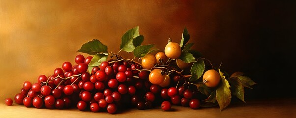 Still life of red and yellow fruit with leaves.