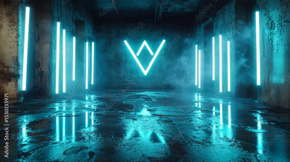 Poster room with a neon sign that says w in the middle. the room is wet and the lights are on, creating a c