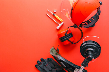 Complete brush cutter equipment set including trimmer head, safety helmet with face shield, ear...