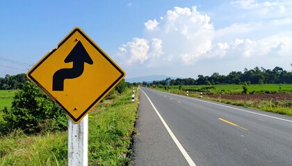Warning of Sharp Curves Ahead road sign in countryside setting under clear skies