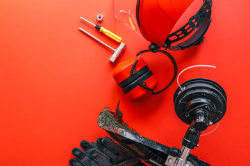 Complete brush cutter equipment set including trimmer head, safety helmet with face shield, ear...