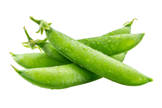A bunch of green snap peas are sitting on a white background