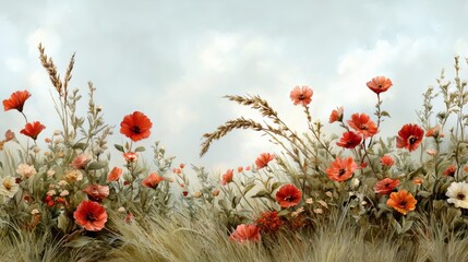 Painting of a field of red flowers with a blue sky in the background. The mood of the painting is peaceful and serene