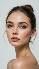 Naklejka premium Woman Portrait with Elegant Makeup and Hair Bun Style