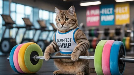 Funny tabby cat lifting weights in gym setting adorable pet powerlifting image