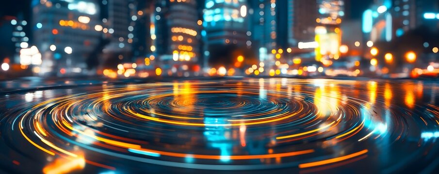Circular light trails on a reflective surface with a blurred city background.