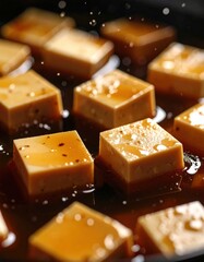 Editorial AI Generated - Close-up of creamy caramel candies with sprinkled salt on glossy dark surface, captu rich textures and tempting appearance of sweet treats