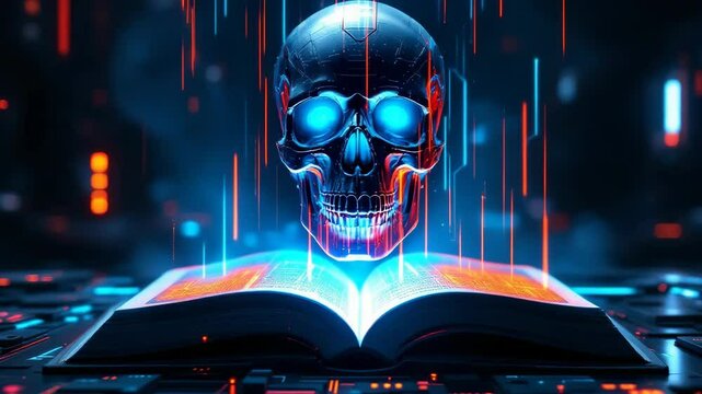 Futuristic skull hologram over open book digital art