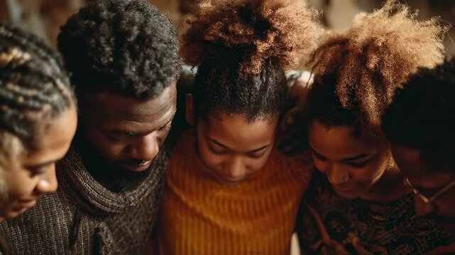 Closeup of a family huddled together in a circle, with their arms wrapped around each other in a tight embrace.