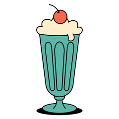 Classic milkshake with whipped cream and cherry on top. Fun nostalgic design for dessert menus, posters or vintage food projects. Flat vector illustration on white background
