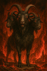 Three-Headed Goat in Fire – Apocalyptic Biblical Beast Symbol with Hellfire and Prophetic Imagery
