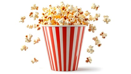 Popcorn in striped bucket with white background.