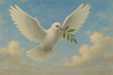 White Dove of Peace with Olive Branch – Biblical Symbol of Hope, Spirit, and Divine Promise in the Sky