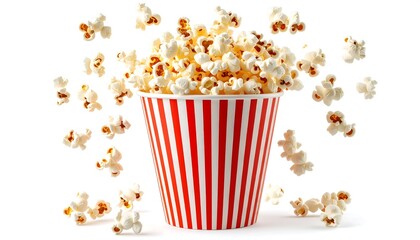 Popcorn spilling out of a red striped bucket.