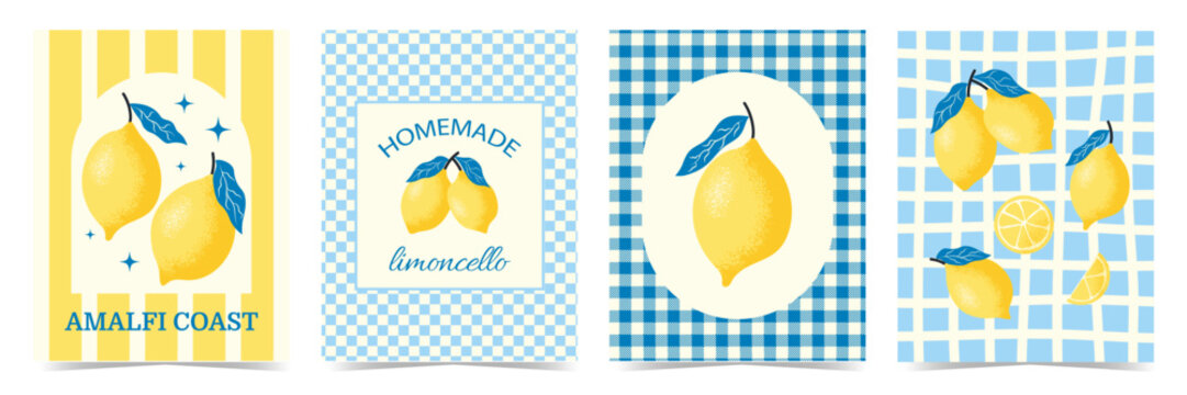 Set of citrus fruits vertical posters. Summer print with hand drawn lemon and leaves. Mediterranean Dolce vita aesthetic. Elegant design for menu, card, banner, cover