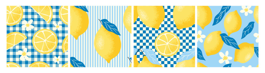 Seamless patterns set with lemons and leaves. Amalfi. Italian Mediterranean theme. Vector illustration for packaging, decor, branding