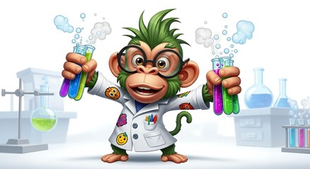 Mad cartoon monkey scientist with spiky hair and test tubes. Crazy and funny lab character on white background.