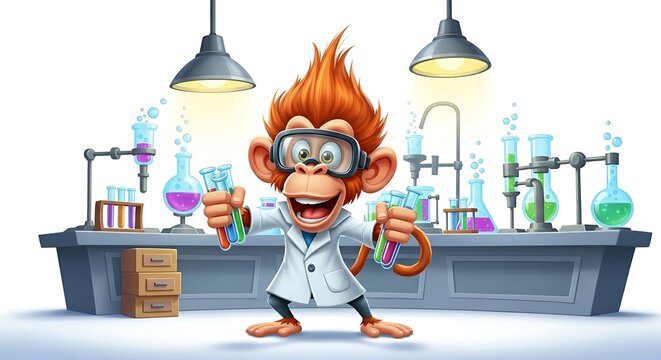 Mad cartoon monkey scientist with spiky hair and test tubes. Crazy and funny lab character on white background.