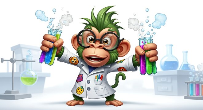 Mad cartoon monkey scientist with spiky hair and test tubes. Crazy and funny lab character on white background.