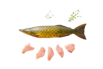 Whole pirarucu fish flat lay specimen, no background