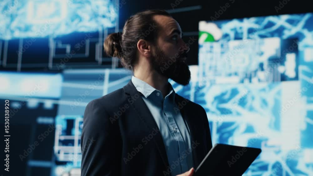 Poster tech savvy administrator reviewing ai brain programming on a tablet, exploring algorithmic thinking 