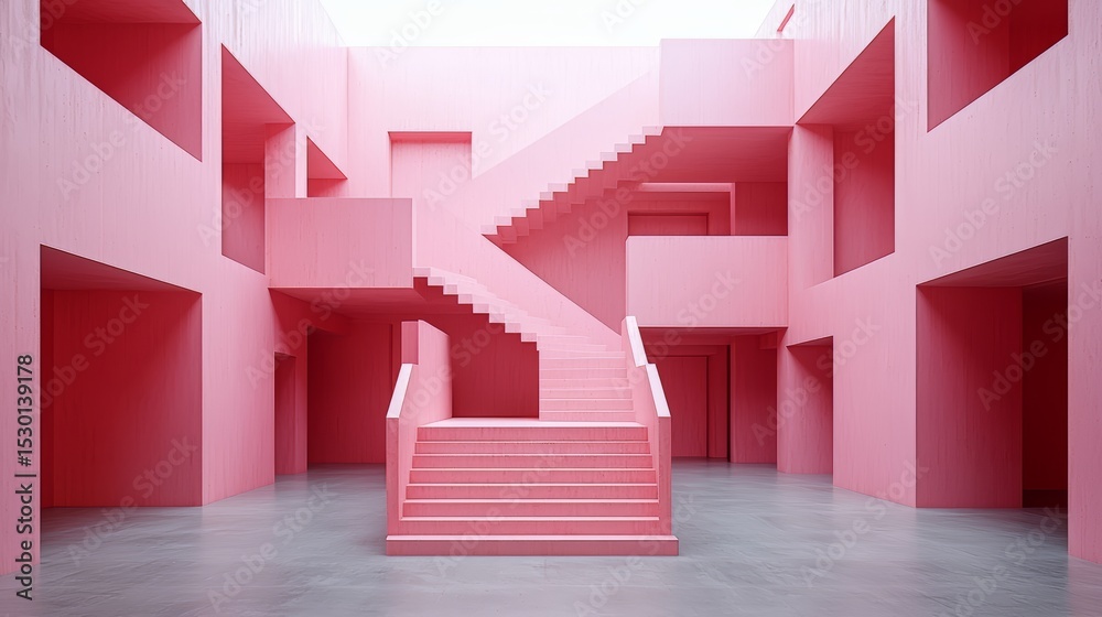 Poster the building is a pink color and has pink stairs. the pink color of the building and stairs creates 
