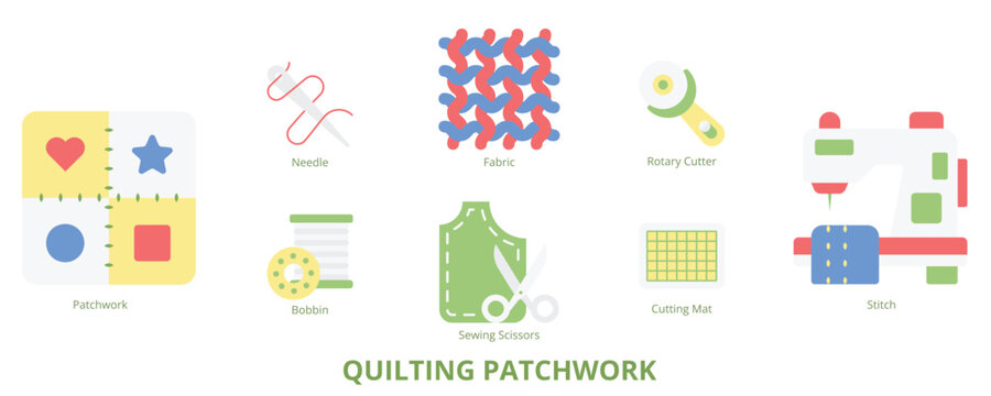Quilting Patchwork Flat Banner Web Icon Set Vector Illustration, Patchwork Fabric Needle Stich Bobbin Rotary Cutter Sewing Scissors Cutting Mat