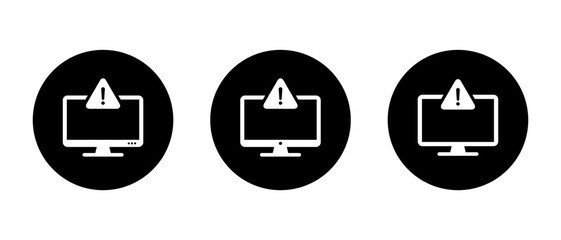 Warning sign on computer icon on black circle. Digital security warning sign. Malware and virus alert symbol