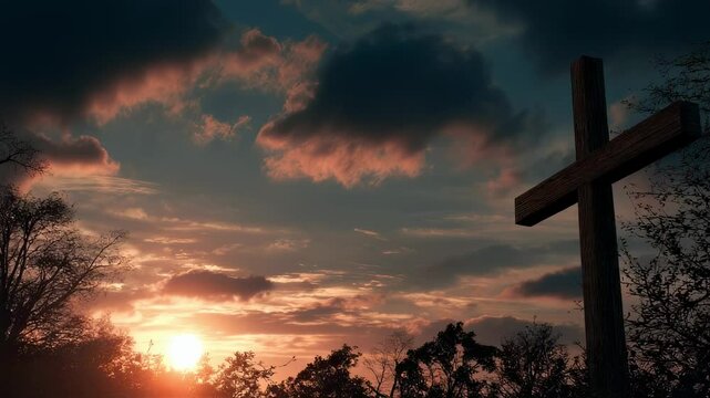 The final image shows the empty cross, with the setting sun casting a peaceful glow over the scene, symbolizing the hope and redemption that Christians believe came with Jesus resurrection.